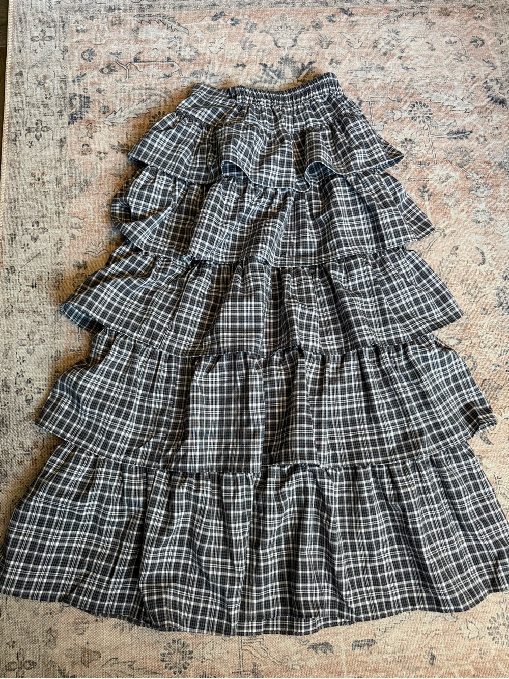 MOXI Tiered Black and White Plaid Maxi Skirt